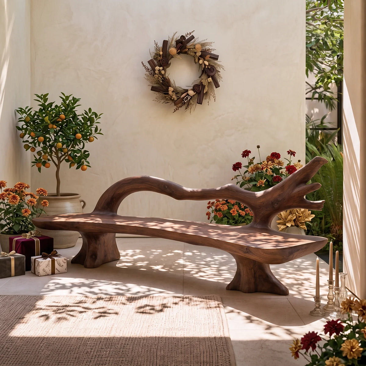 Flowing Branch – Handcrafted Solid Wood Outdoor Bench with Sculptural Backrest