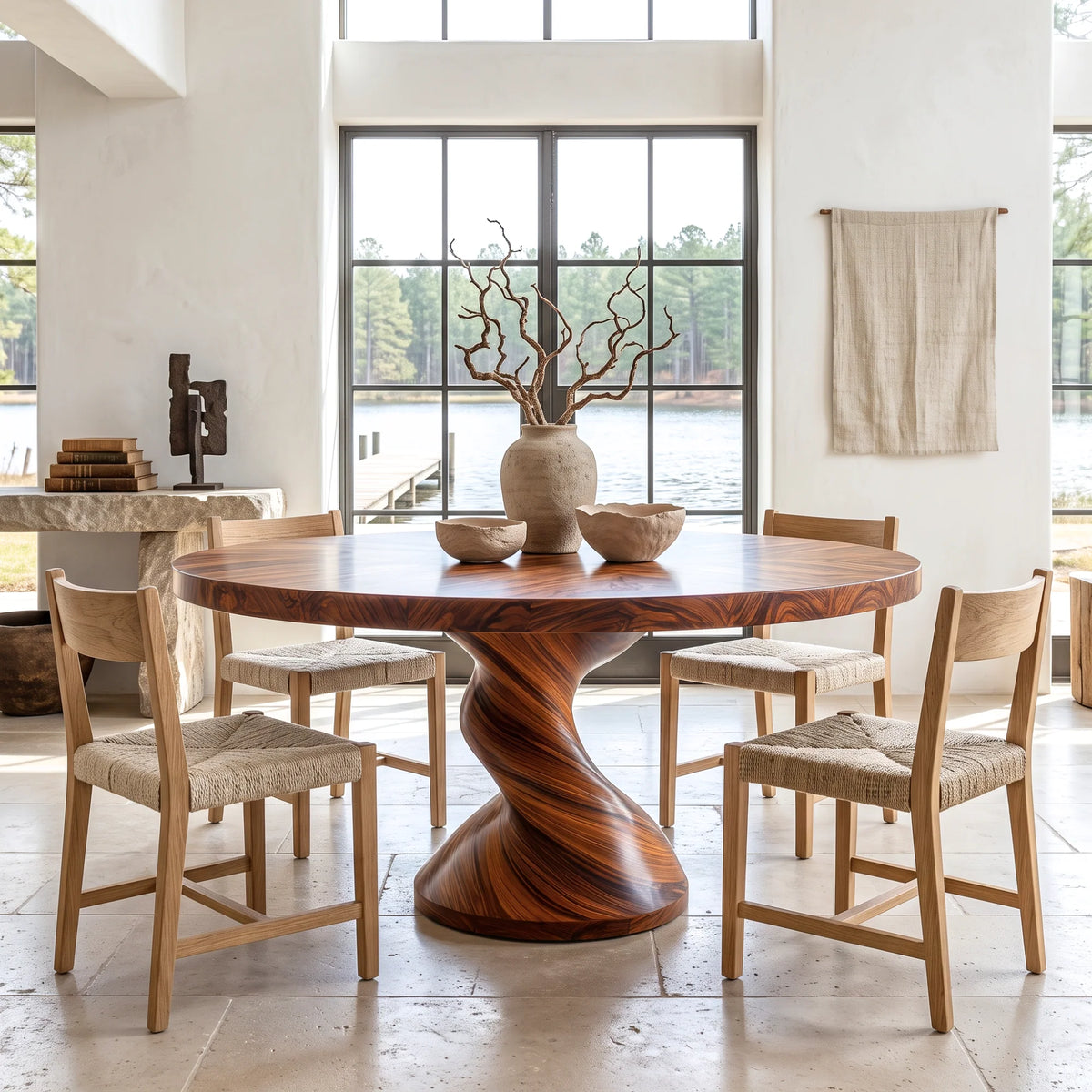 Round Solid Wood Dining Table with Sculptural Twisted Pedestal Base