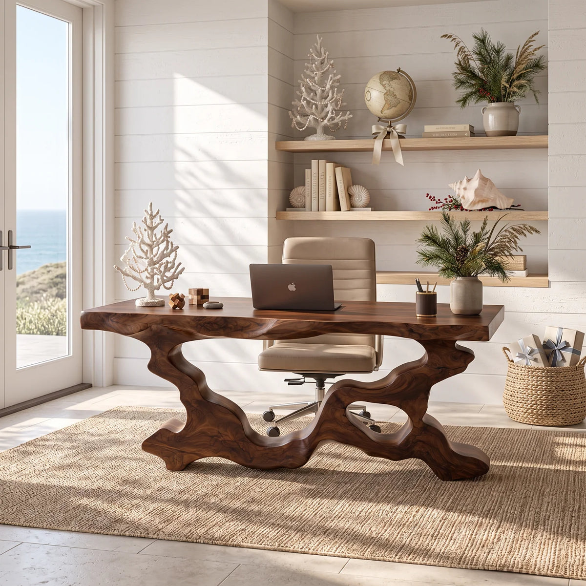 Live Edge Solid Wood Executive Desk with Sculptural Root-Style Frame – Luxury Office Furniture