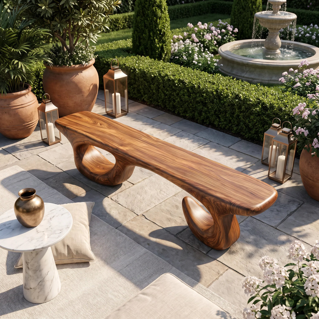 Sculptural Solid Wood Bench with Open Loop Base and Flowing Live Edge Seat