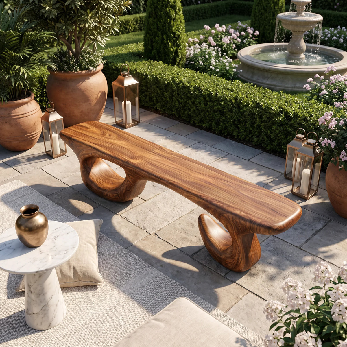 Sculptural Solid Wood Bench with Open Loop Base and Flowing Live Edge Seat