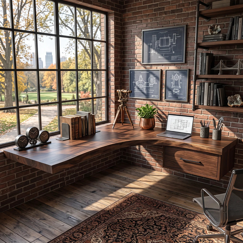 Solid Wood Floating Corner Desk with Live Edge Top and Built-In Drawer – Modern Home Office Desk