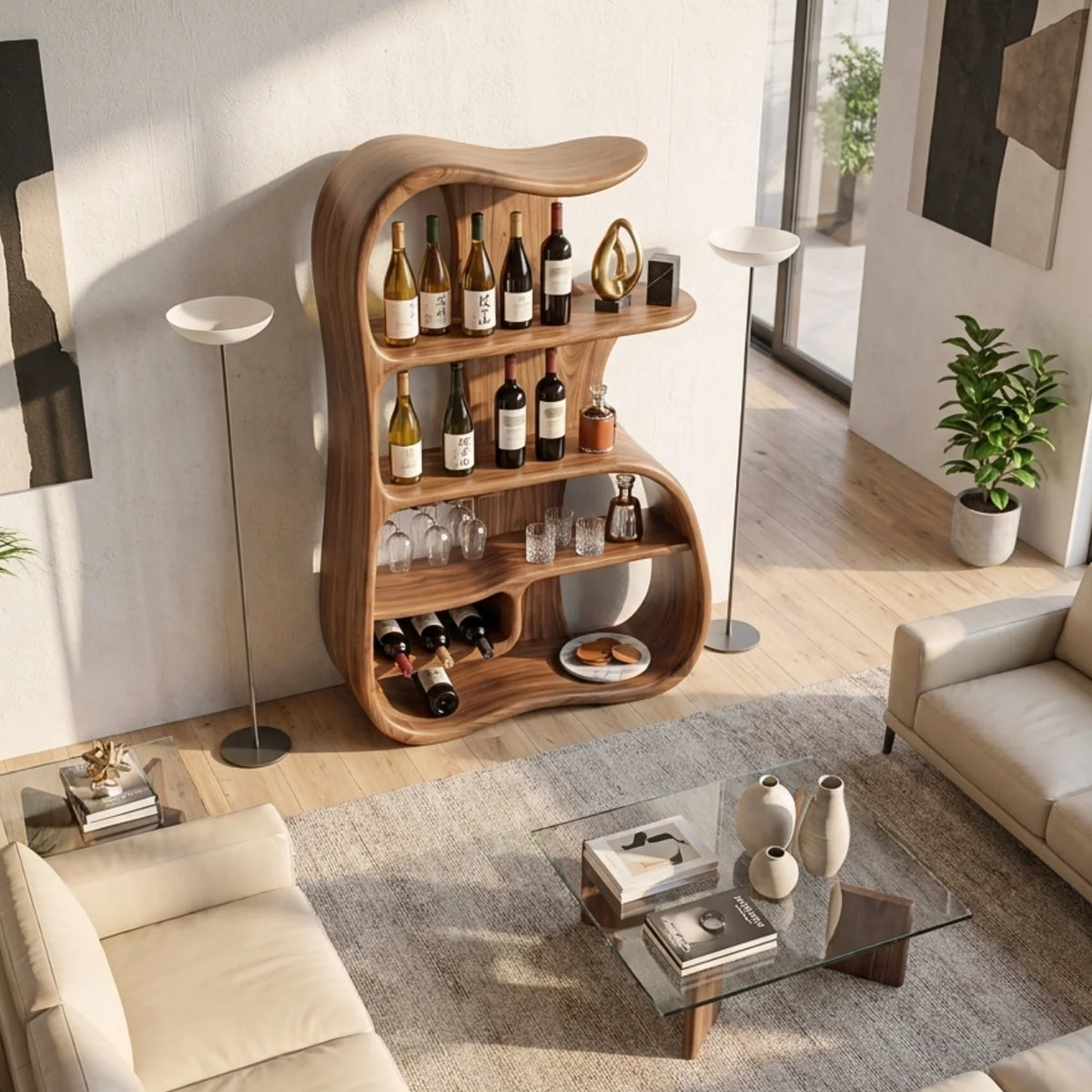 Solid Wood Wine Cabinet with Organic Open Shelves for Dining Room