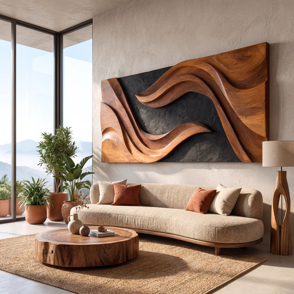Sculpted Horizon Solid Wood Wall Art Panel – Modern Organic Abstract Sculpture