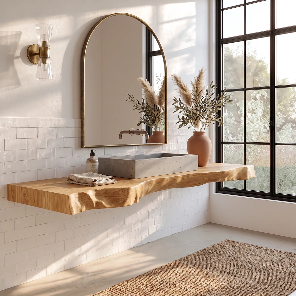 Solid Wood Floating Bathroom Vanity Shelf with Thick Live Edge Slab – Modern Wall-Mounted Wood Shelf