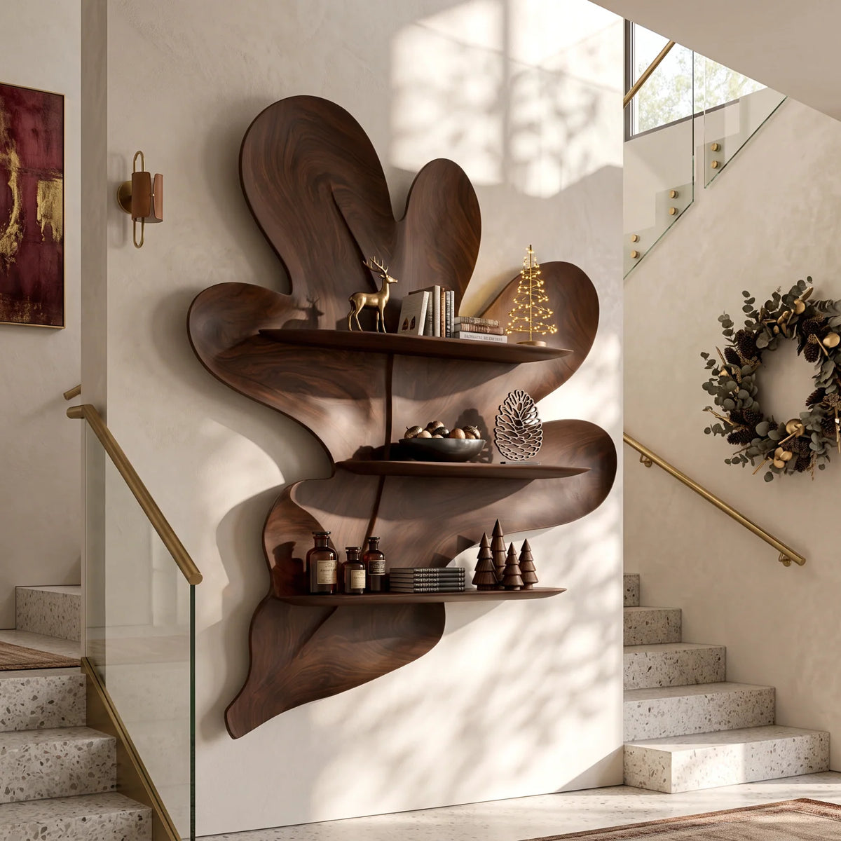Organic Botanical Solid Wood Floating Wall Shelf