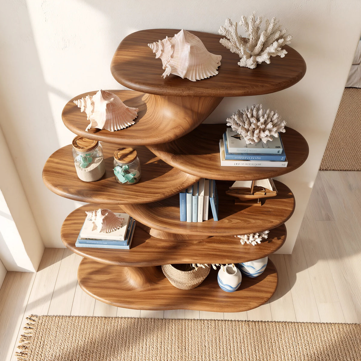 Cascade Form – Sculptural Wood Display Shelf with Tiered Platforms
