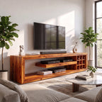Solid Wood TV Console with Open Media Shelves and Side Storage Cubbies