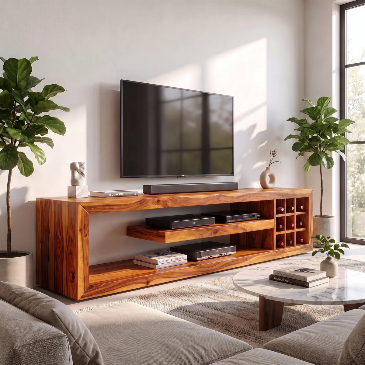 Solid Wood TV Console with Open Media Shelves and Side Storage Cubbies