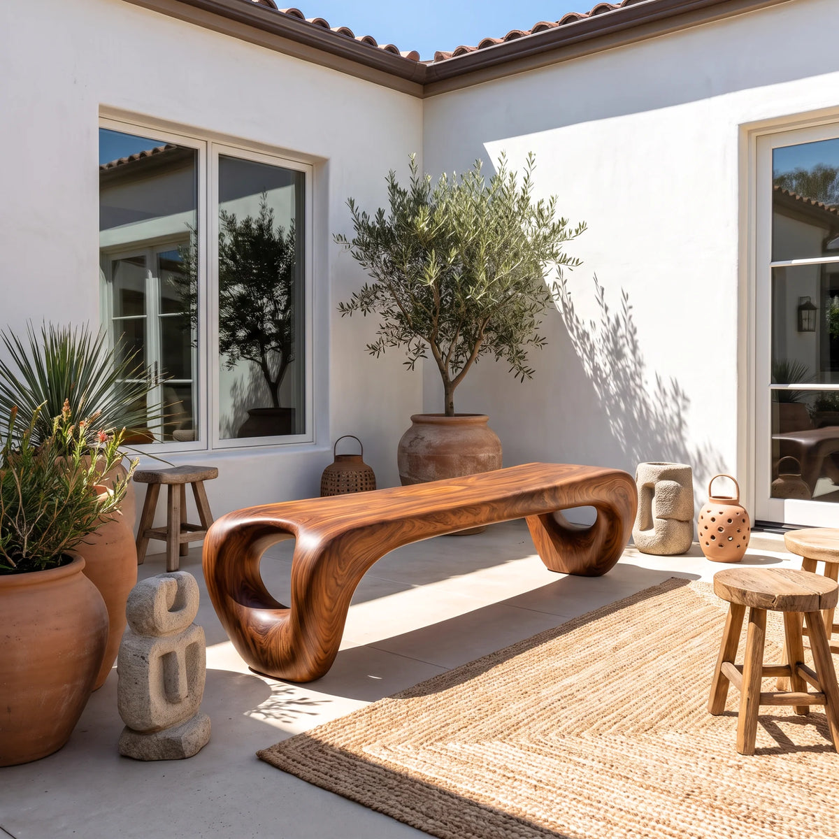 Sculptural Solid Wood Bench with Loop Legs and Flowing Live Edge Seat
