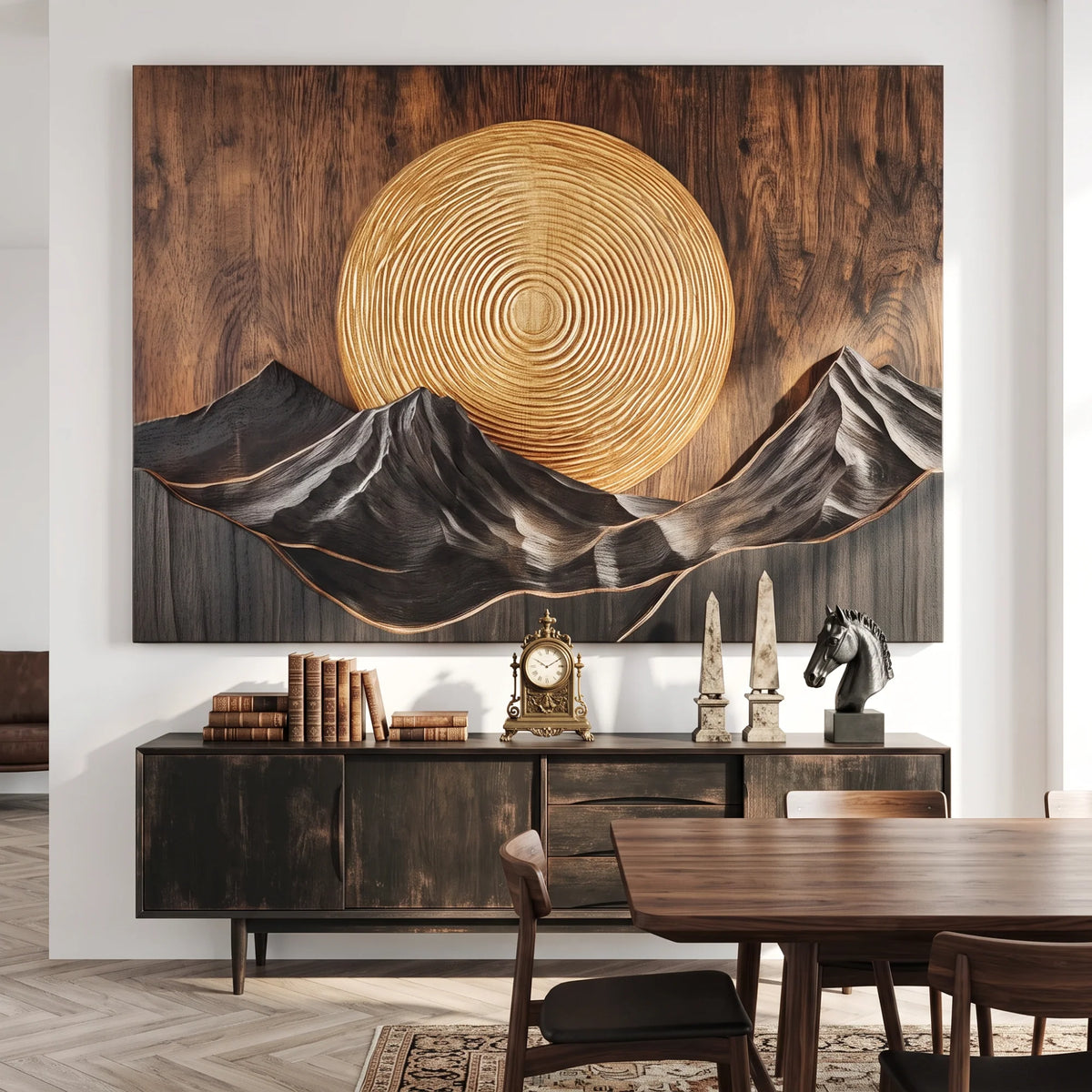 Mountain Sunset Wall Sculpture with Golden Sun and Layered Peaks