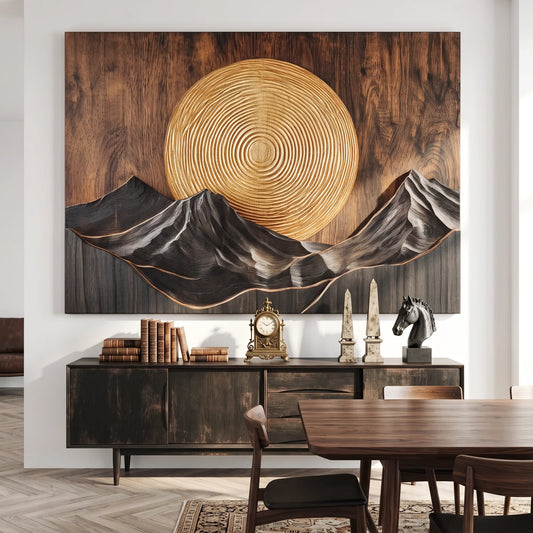 Mountain Sunset Wall Sculpture with Golden Sun and Layered Peaks