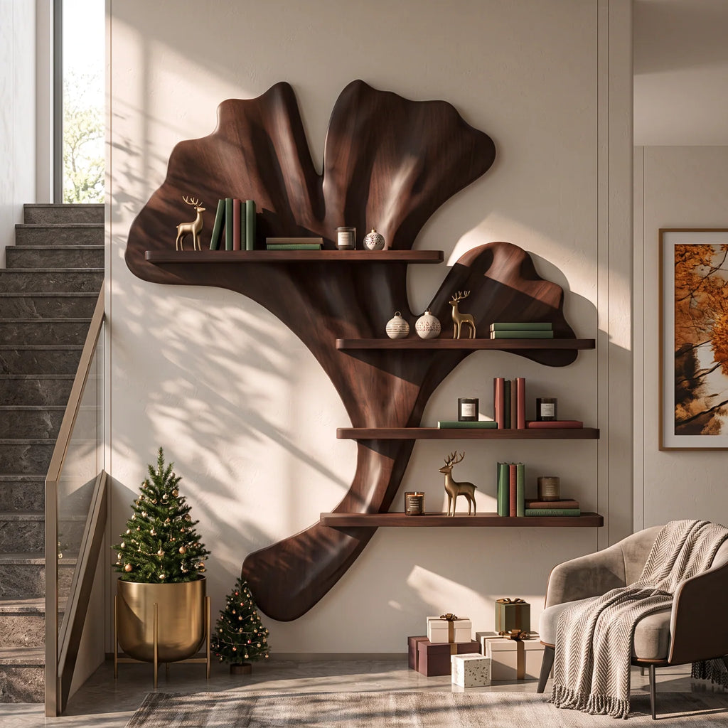 Ginkgo Leaf Solid Wood Sculptural Wall Shelf