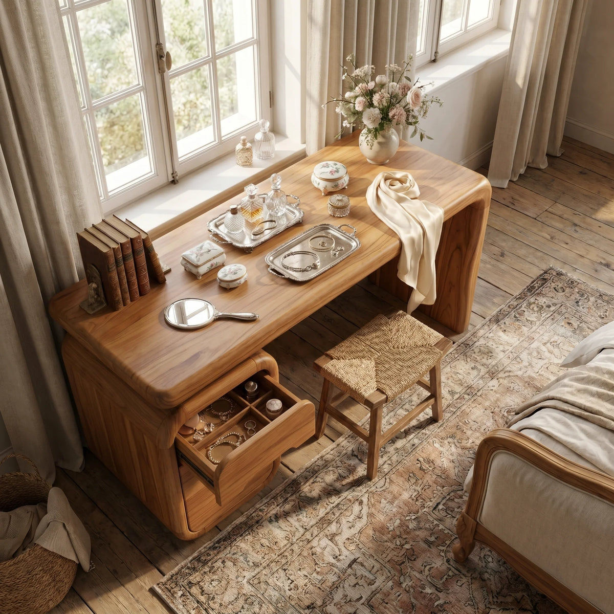 Modern Solid Wood Vanity Desk with Rounded Pedestal and Waterfall Side Design