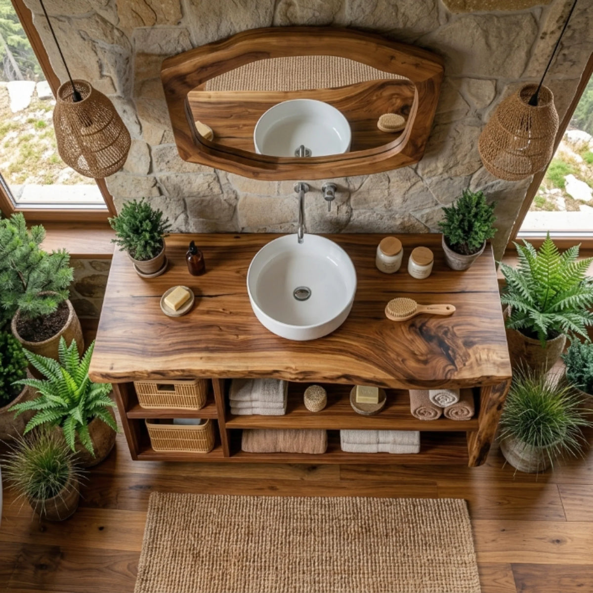 Solid Wood Bathroom Vanity with Open Storage and Vessel Sink – Modern Wooden Bathroom Cabinet