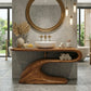Modern Solid Wood Bathroom Vanity with Sculptural Curved Open Shelf