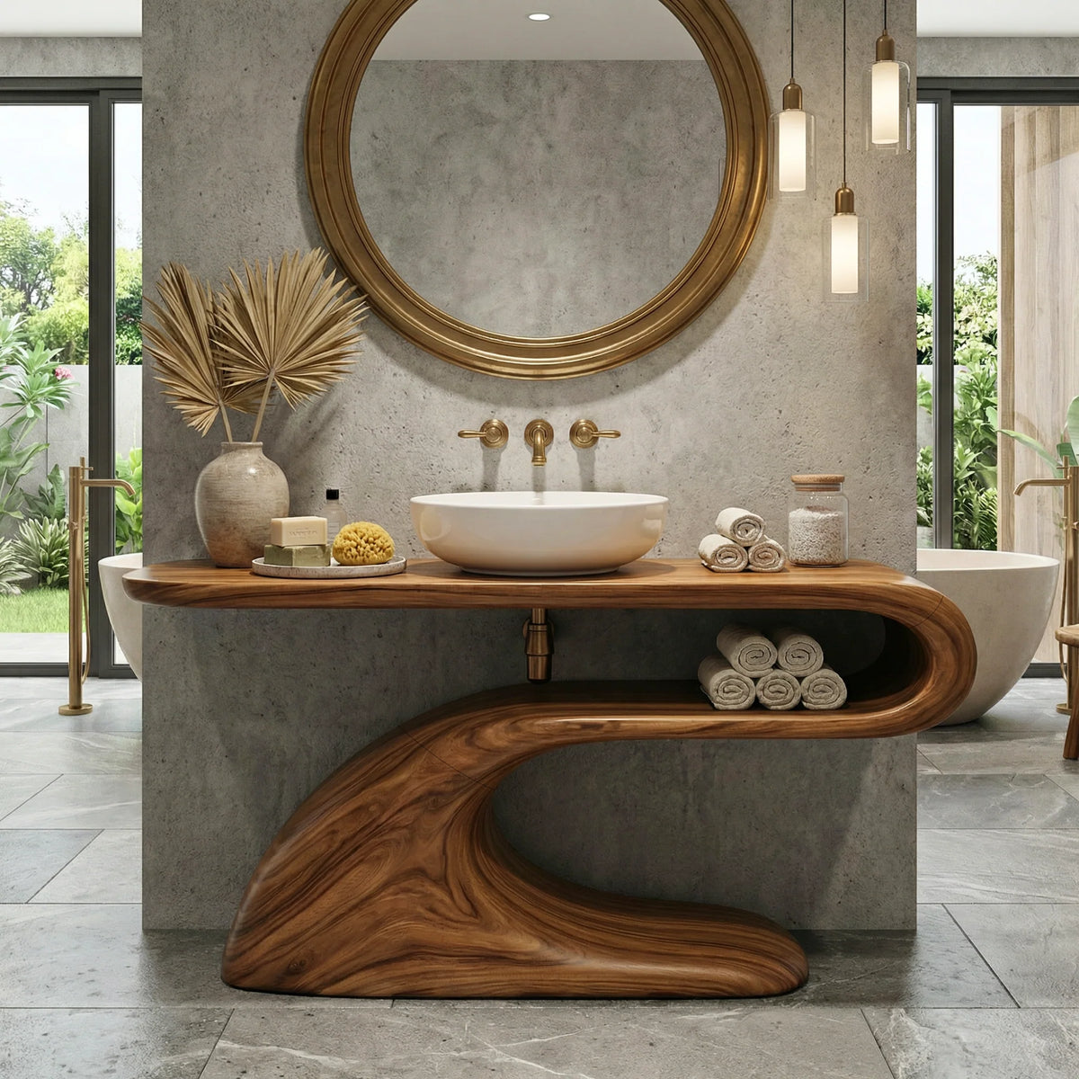 Modern Solid Wood Bathroom Vanity with Sculptural Curved Open Shelf