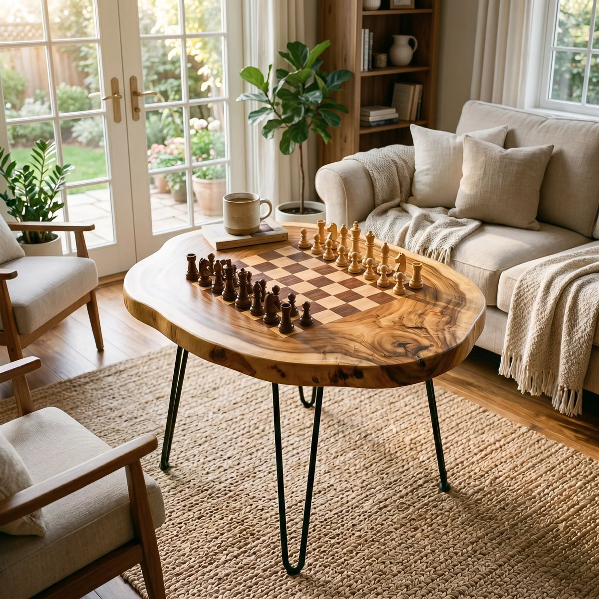 Organic Slab Top Chess Coffee Table with Hairpin Legs