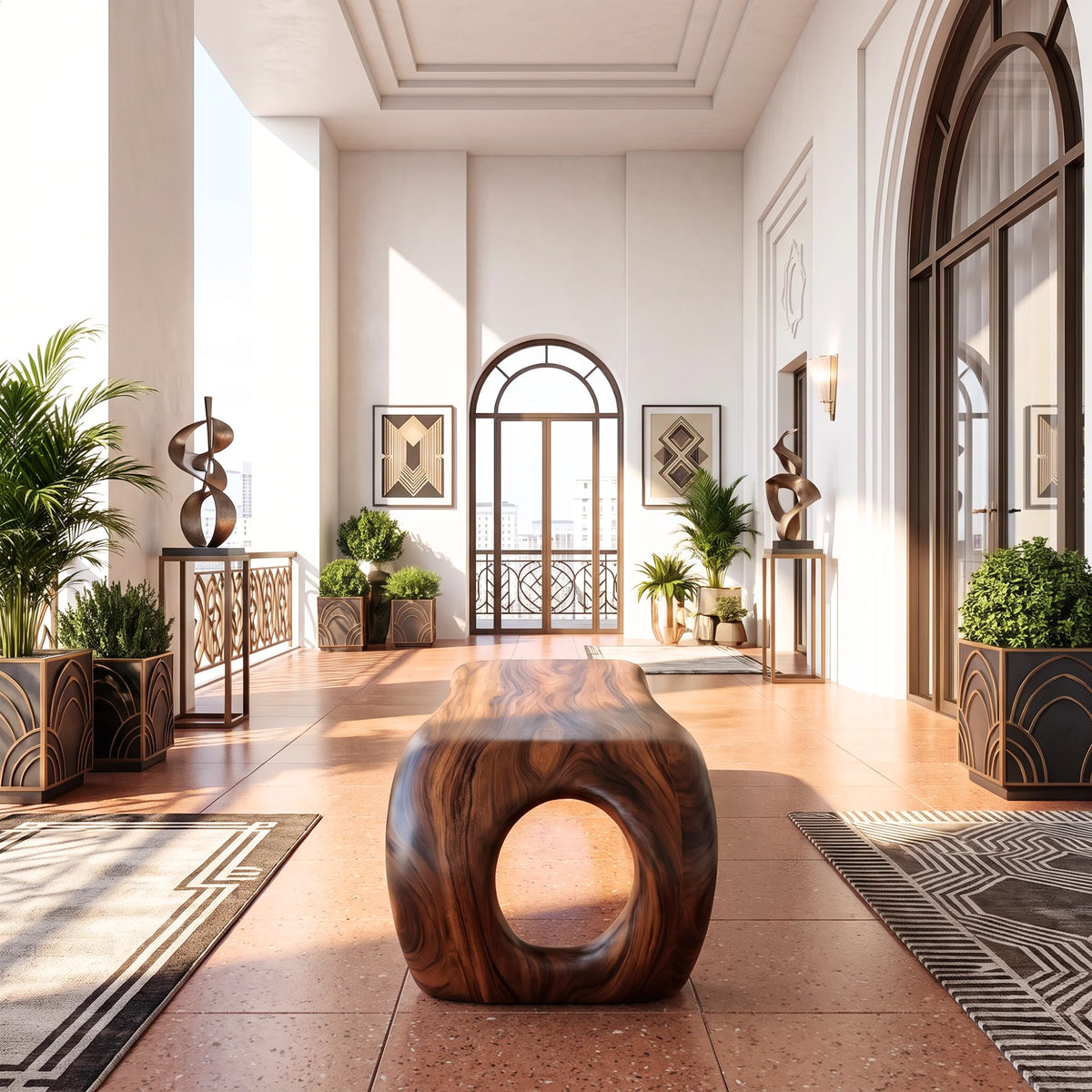 Sculptural Solid Wood Bench with Loop Base and Flowing Organic Live Edge Seat