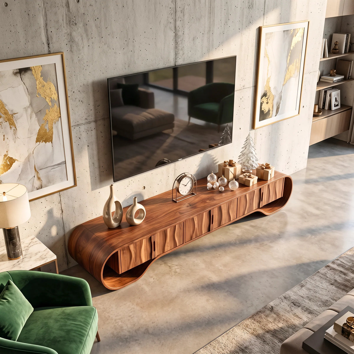 Sculptural Solid Wood TV Stand with Oval Frame and Natural-Grain Doors