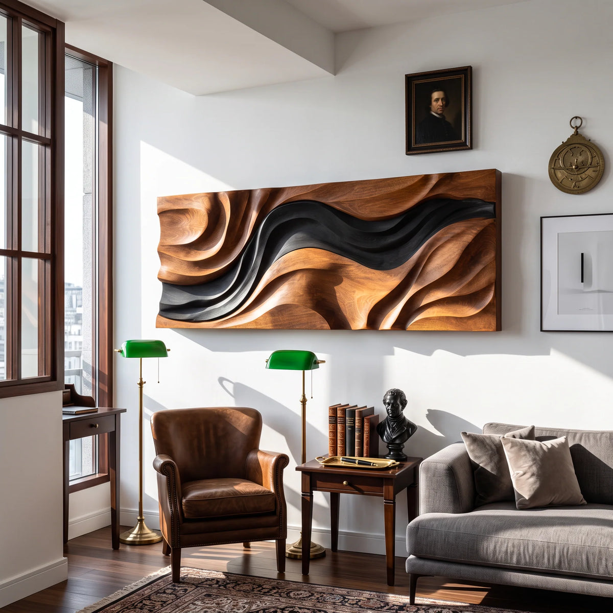 Abstract Wooden Wall Sculpture with Flowing Natural Wood and Black Layers