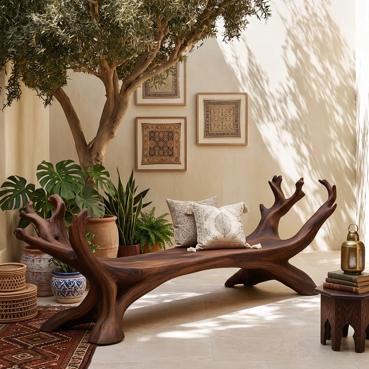 Branch Harmony – Sculptural Solid Wood Garden Bench with Branch-Inspired Frame