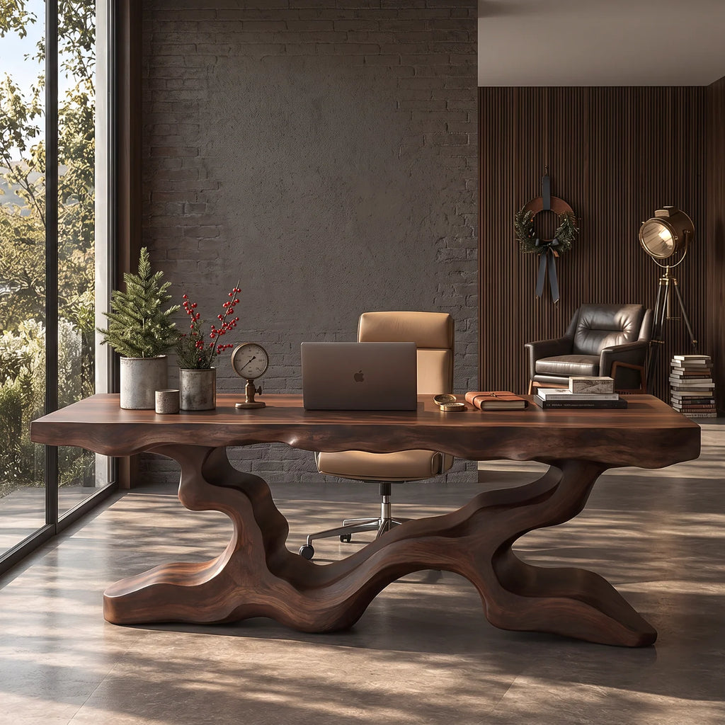 Live Edge Solid Wood Executive Desk with Branch Base