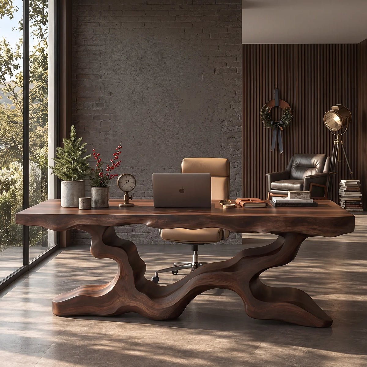 Live Edge Solid Wood Executive Desk with Branch Base