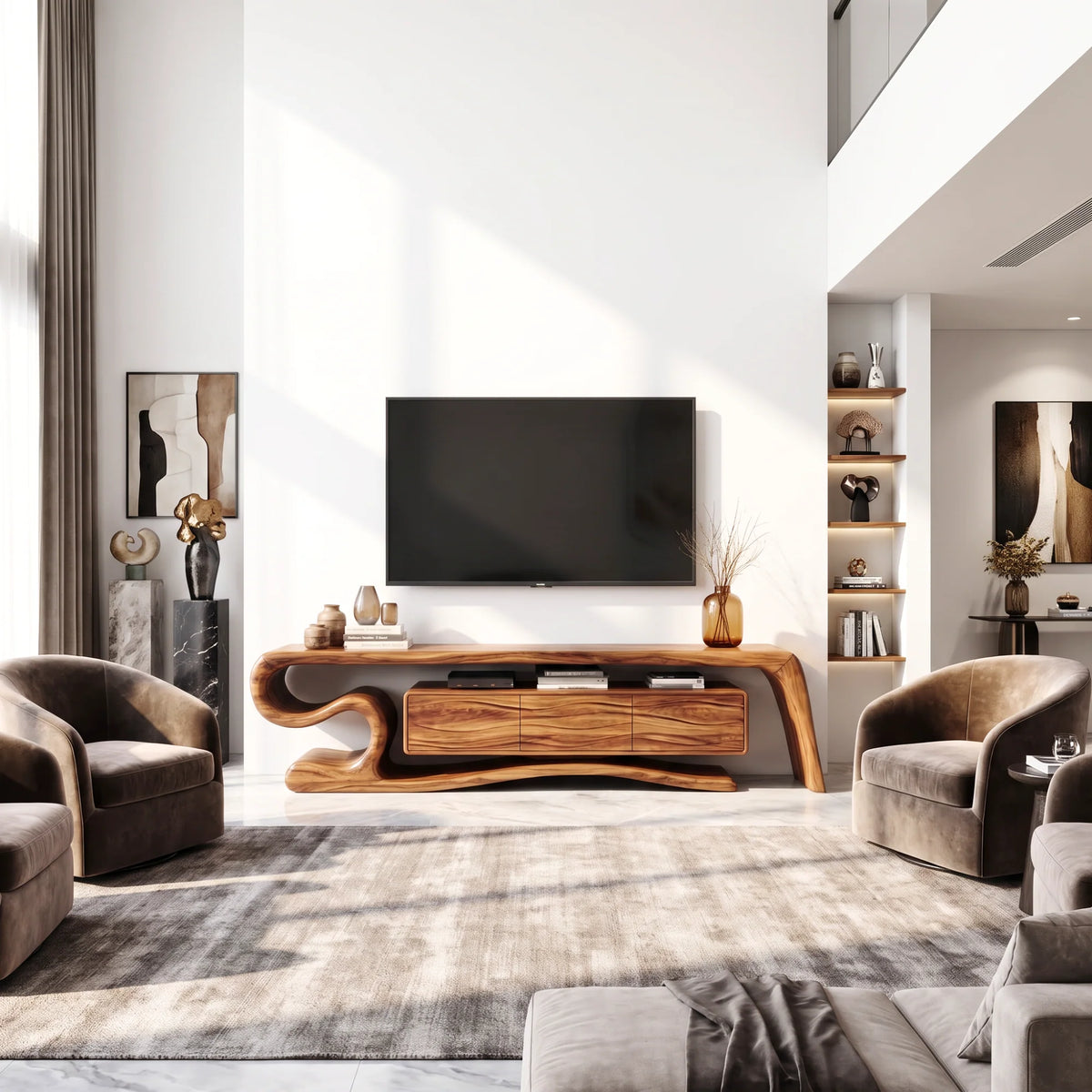 Sculptural Solid Wood TV Stand with S-Curve Frame and Wave-Grain Cabinet