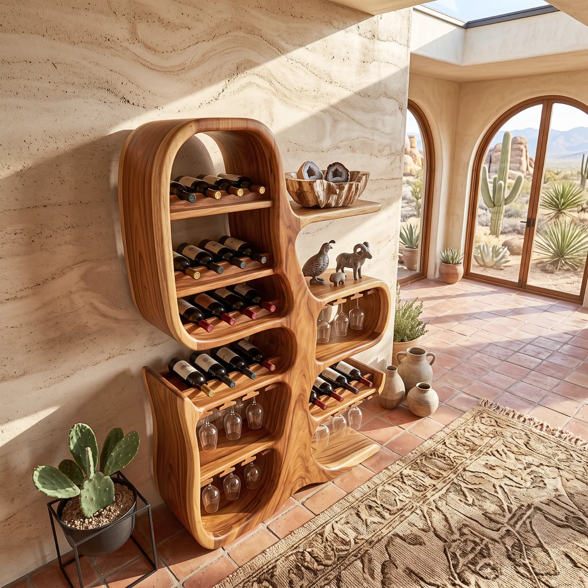 Solid Wood Wine Cabinet with Sculptural Tree-Inspired Design