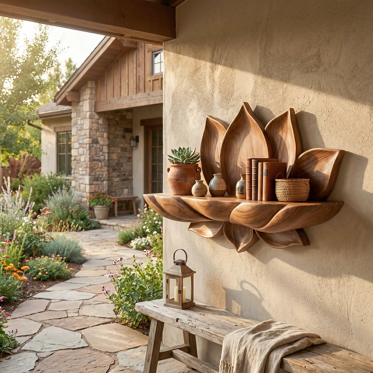 Handcrafted Lotus Petal Solid Wood Wall Shelf