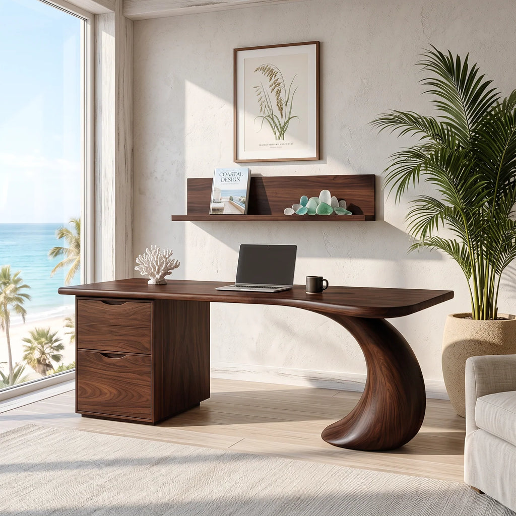 Organic Solid Wood Desk with Curved Leg and Two Drawers