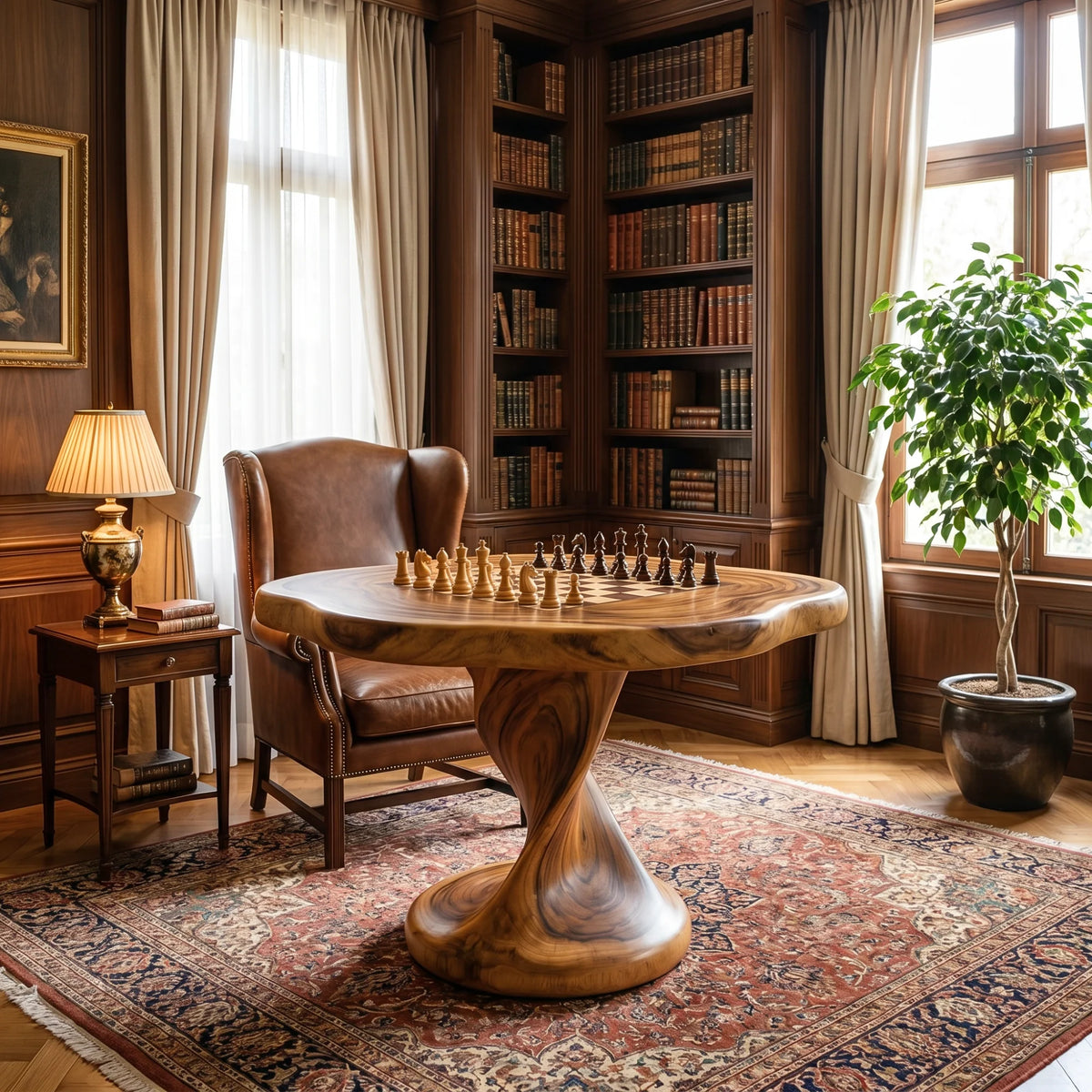 Handcrafted Solid Wood Chess Table with Pedestal Base