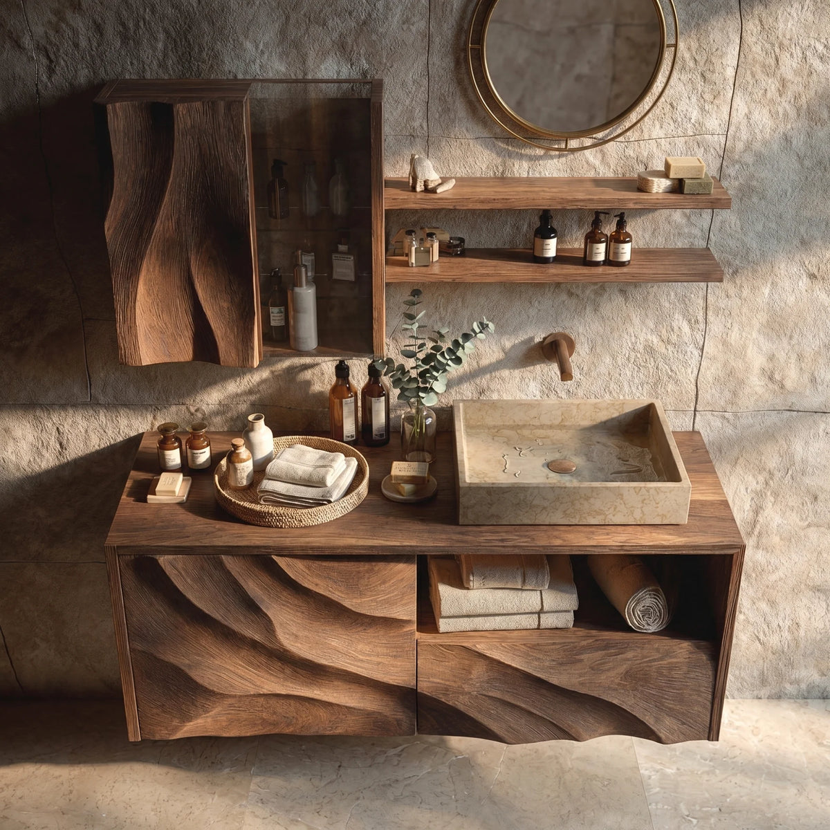 Floating Solid Wood Bathroom Vanity with Layered Organic Relief – Sculptural Wall-Mounted Cabinet