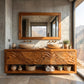 Solid Wood Double Bathroom Vanity Cabinet with Carved Wave Front and Open Storage Shelf