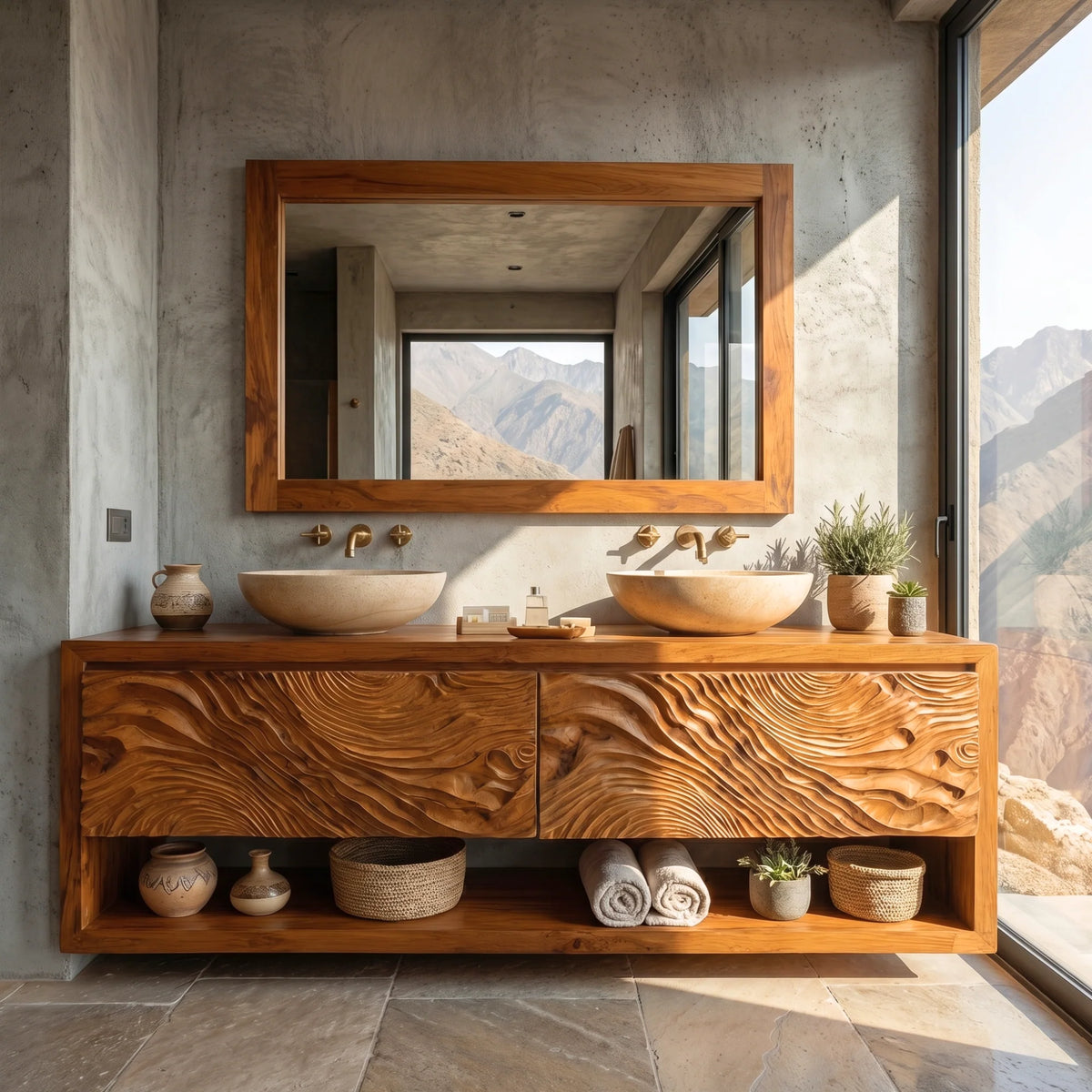 Solid Wood Double Bathroom Vanity Cabinet with Carved Wave Front and Open Storage Shelf