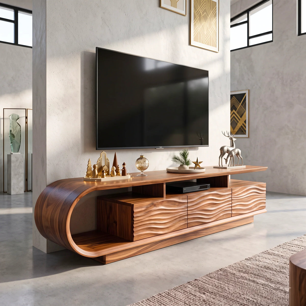 Waterfall Curve Solid Wood TV Stand with Sculpted Wave-Front Storage