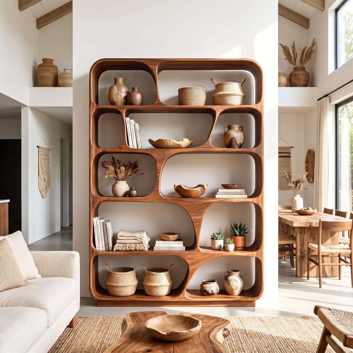 Organic Grid – Rounded Solid Wood Bookcase with Open Display Compartments