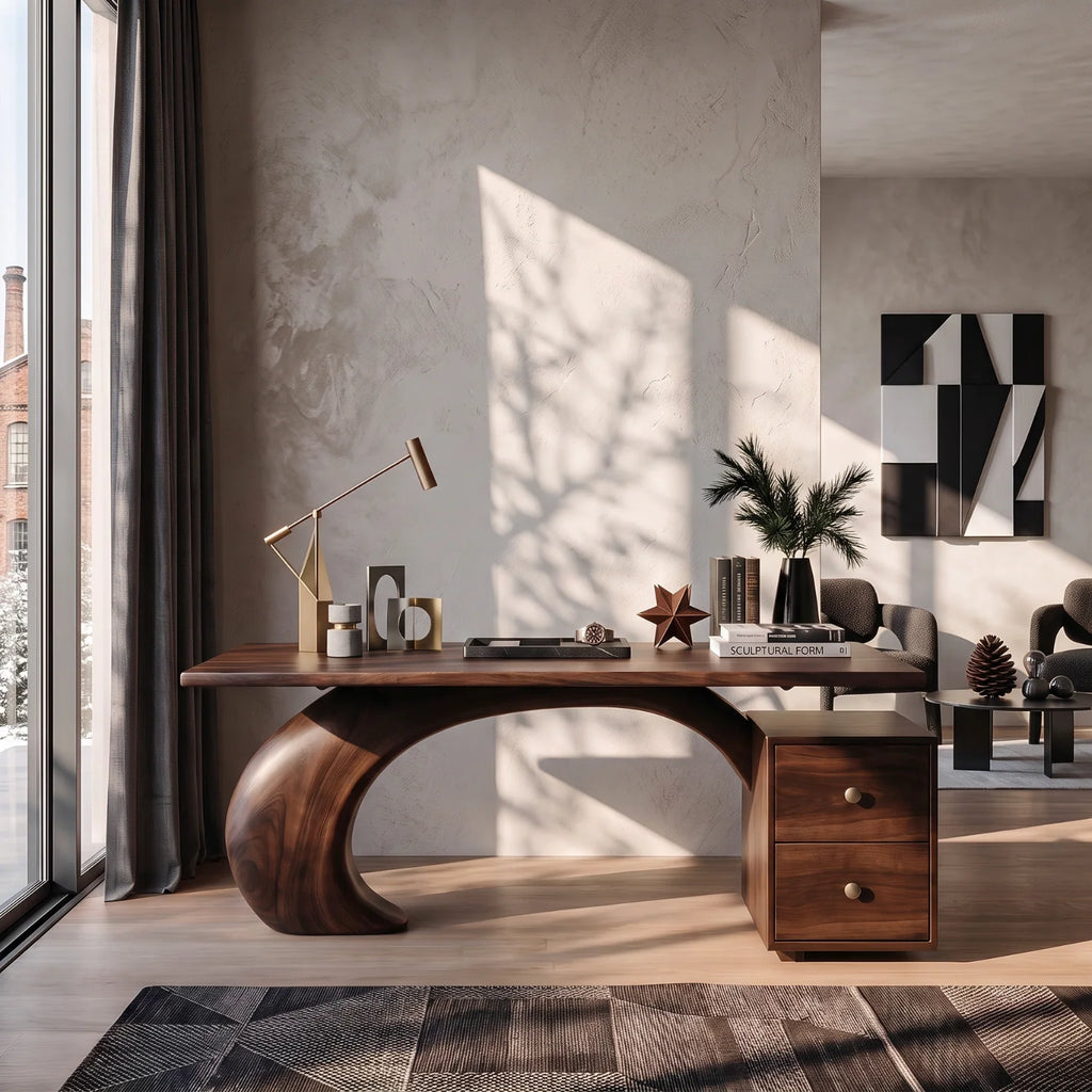 Sculptural Solid Wood Desk with Curved Base and Two Drawers