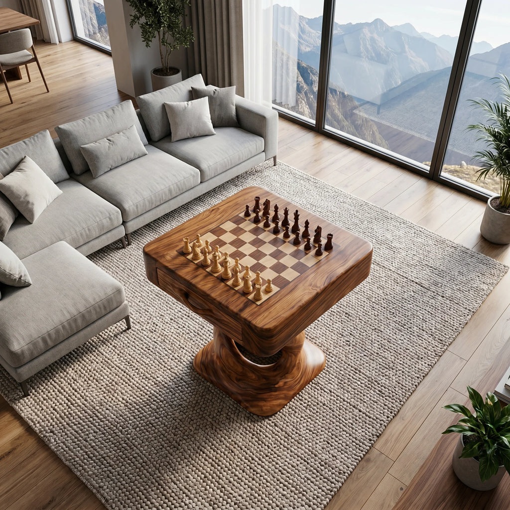 Solid Wood Chess Table with Drawer and Sculptural Pedestal