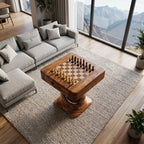 Solid Wood Chess Table with Drawer and Sculptural Pedestal