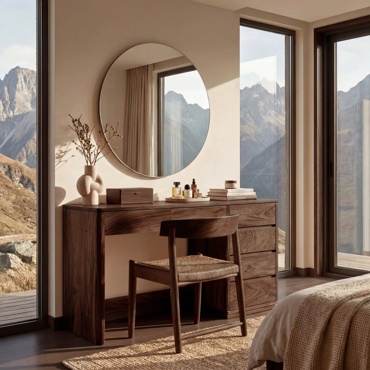Modern Solid Wood Vanity Table with Side Storage Drawers