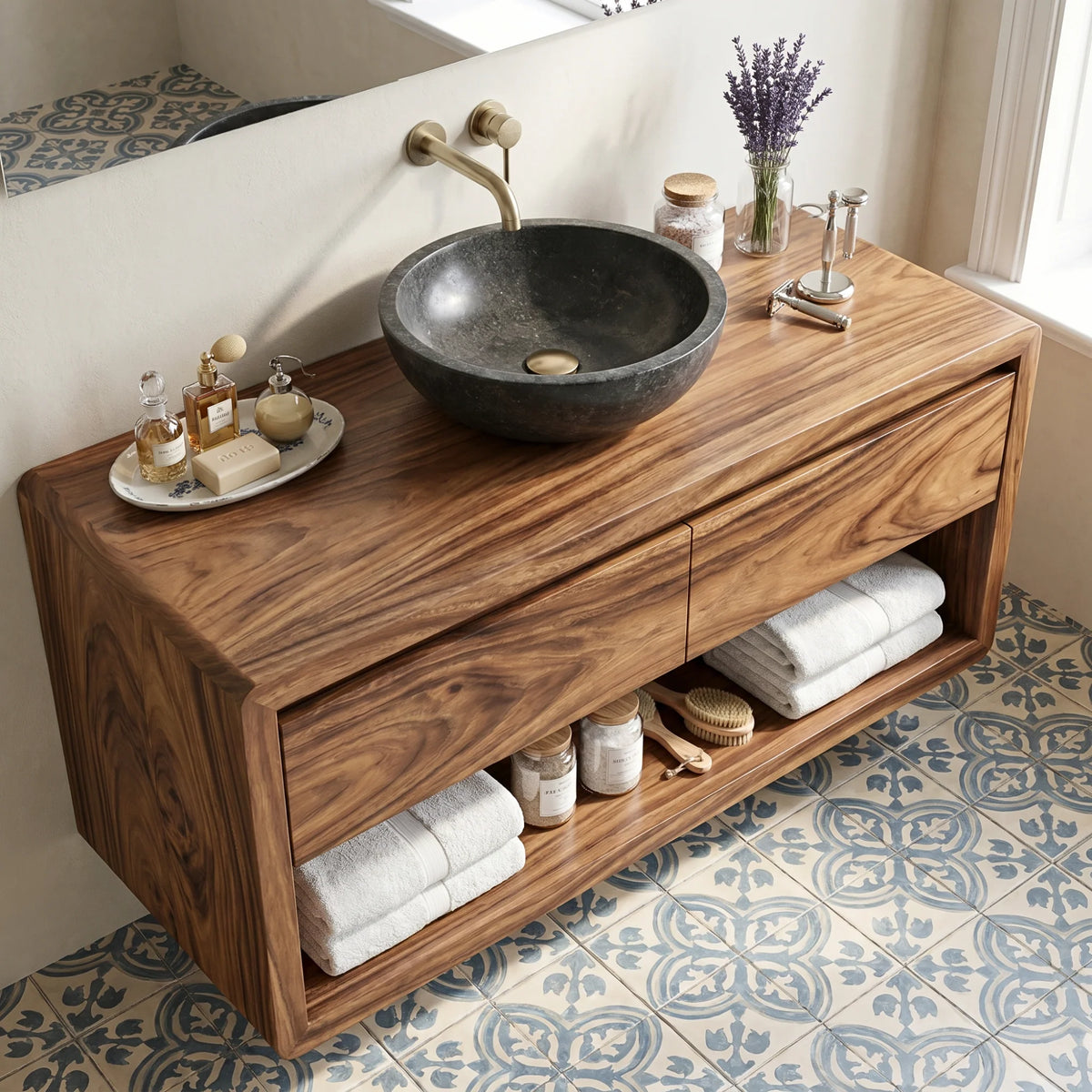 Floating Solid Wood Bathroom Vanity with Seamless Organic Frame – Modern Wall-Mounted Vanity Cabinet