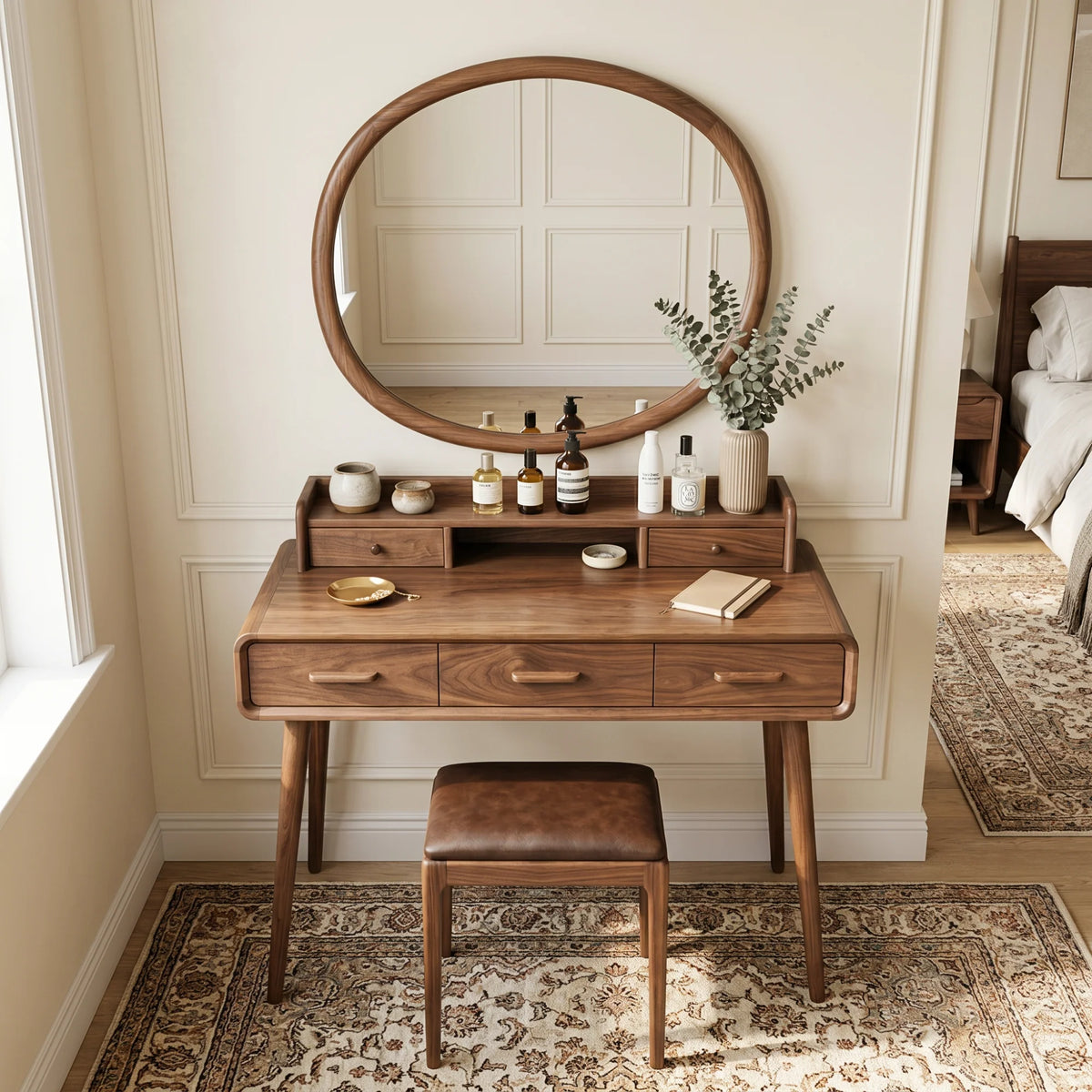 Solid Wood Makeup Vanity Table with Organizer Hutch and Spacious Storage Drawers