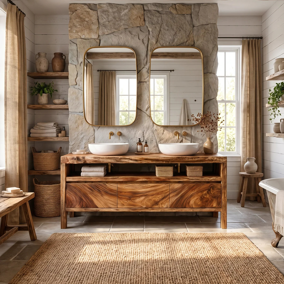 Solid Wood Double Sink Bathroom Vanity with Open Shelf Storage for Rustic Lodge Bathrooms