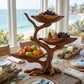 Solid Wood Three-Tier Fruit Display Bowl with Sculptural Branch Pedestal
