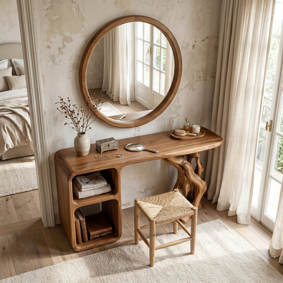 Sculptural Solid Wood Vanity Table with Organic Carved Base and Open Shelf