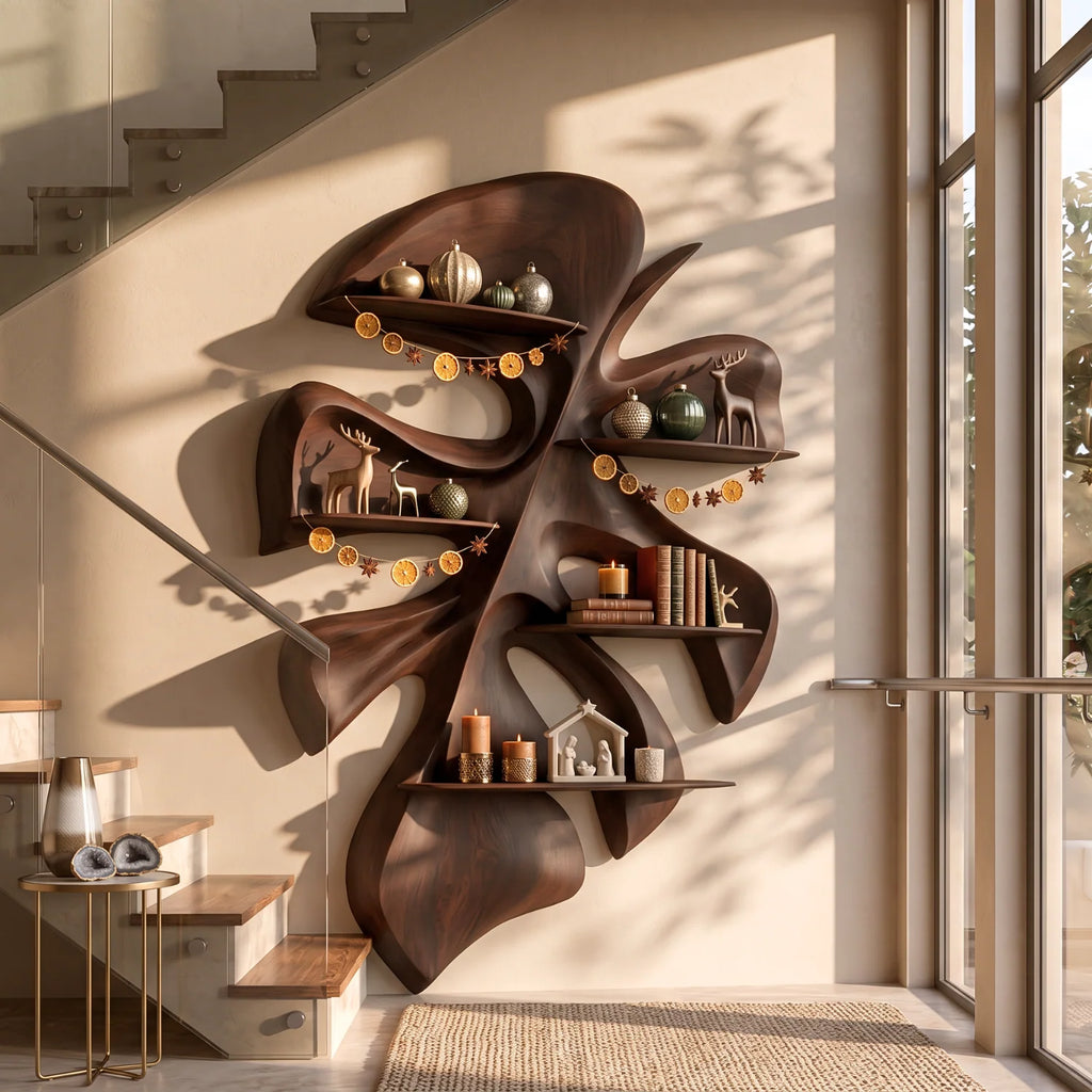 Tropical Leaf Sculptural Solid Wood Floating Shelf