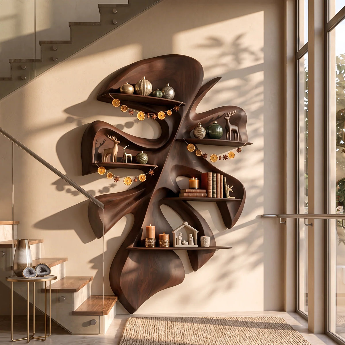 Tropical Leaf Sculptural Solid Wood Floating Shelf