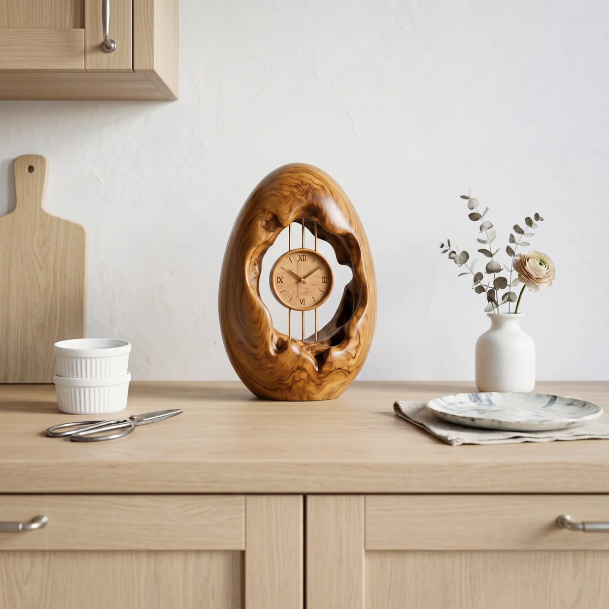 Solid Wood Oval Table Clock with Hollow Sculptural Frame – Modern Decorative Desk Clock